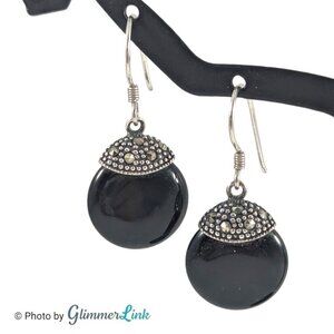 925 Sterling Silver Marcasite Black Onyx Drop Dangle Earrings